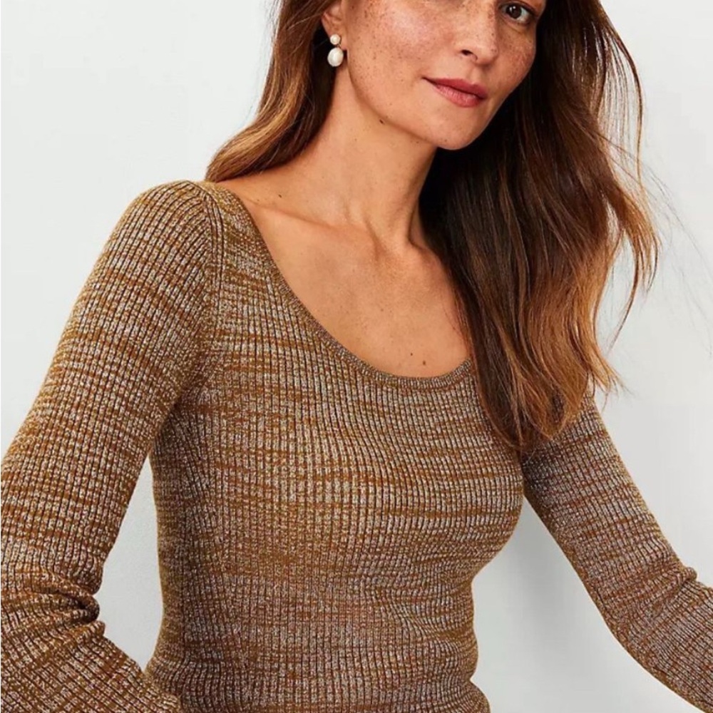 Ann Taylor Brown Scoop Neck Sweater with Ribbed Texture